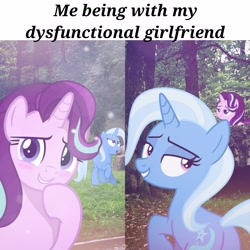 Size: 4096x4096 | Tagged: safe, artist:alandssparkle, artist:jhayarr23, artist:trrrebleee, edit, vector edit, starlight glimmer, trixie, pony, unicorn, g4, absurd resolution, blushing, caption, duo, duo female, female, horn, irl, lesbian, mare, meme, nature, outdoors, photo, ponies in real life, ship:startrix, shipping, text, vector