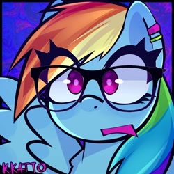 Size: 2000x2000 | Tagged: safe, artist:kk4tt0, rainbow dash, pegasus, pony, g4, bust, cute, dashabetes, ear piercing, earring, eye clipping through hair, eyelashes, female, glasses, high res, jewelry, mare, one wing out, open mouth, piercing, signature, solo, wide eyes, wings