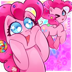 Size: 2000x2000 | Tagged: safe, artist:kk4tt0, pinkie pie, earth pony, pony, g4, candy, candy in hair, cheek squish, cute, diapinkes, female, food, high res, lollipop, looking at you, mare, one eye closed, open mouth, open smile, passepartout, screentone, signature, smiling, smiling at you, solo, sprinkles in hair, squishy cheeks, starry eyes, wingding eyes, wink, winking at you