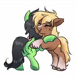 Size: 4096x4096 | Tagged: safe, artist:opalacorn, oc, oc:filly anon, earth pony, pony, blaze (coat marking), clothes, coat markings, duo, duo female, eyes closed, facial markings, female, filly, hug, ponified, sergeant reckless, simple background, socks, unshorn fetlocks, white background