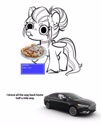 Size: 3290x4096 | Tagged: safe, artist:opalacorn, oc, oc only, oc:void, pegasus, pony, car, driving, female, food, funnel cake, mare, simple background, smiling, solo, text, white background