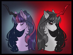 Size: 2700x2041 | Tagged: safe, artist:opalacorn, twilight sparkle, oc, oc:evening star (dcayingdiviniti), alicorn, pony, g4, alternate universe, augmented horn, black sclera, chest fluff, corrupted, duality, ethereal mane, eyes closed, female, horn, kinsona, long horn, mare, red eyes, smiling, solo, starry mane, twilight sparkle (alicorn)