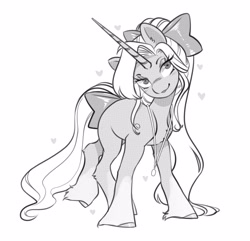 Size: 4096x3950 | Tagged: oc name needed, safe, artist:opalacorn, oc, oc only, pony, unicorn, blush lines, blushing, bow, eyebrows, eyebrows visible through hair, eyelashes, female, floating heart, gradient legs, grayscale, hair bow, heart, hoof fluff, hooves, horn, jewelry, lidded eyes, long horn, long mane, long tail, mare, monochrome, necklace, screentone, smiling, solo, tail, tail bow