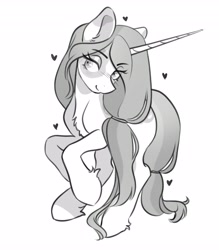 Size: 3591x4096 | Tagged: safe, artist:opalacorn, oc, oc only, oc:arcana glyph, pony, unicorn, chest fluff, eyebrows, eyebrows visible through hair, female, floating heart, grayscale, heart, horn, mare, monochrome, simple background, smiling, solo, white background