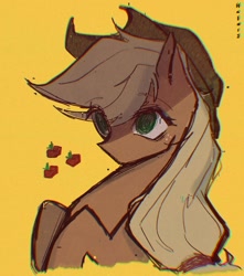 Size: 1440x1631 | Tagged: safe, artist:halo12zero, applejack, earth pony, pony, g4, applejack's cutie mark, applejack's hat, chromatic aberration, cowboy hat, eye clipping through hair, eyebrows, eyebrows visible through hair, female, film grain, glitched, hat, mare, no catchlights, signature, simple background, solo, swirly eyes, tied hair, yellow background