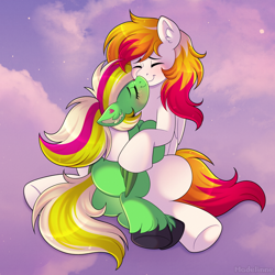 Size: 3000x3000 | Tagged: safe, artist:madelinne, oc, oc only, oc:gumdrops, oc:hotfix, pegasus, cuddling, female, hug, jewelry, male, mare, outdoors, pegasus oc, ponytail, stallion