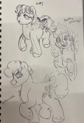 Size: 1410x2048 | Tagged: safe, artist:texacity, butterscotch (g1), medley, posey, earth pony, pegasus, pony, g1, bow, female, flower, flower in hair, lidded eyes, mare, open mouth, open smile, pencil drawing, smiling, tail, tail bow, tongue out, traditional art, trio