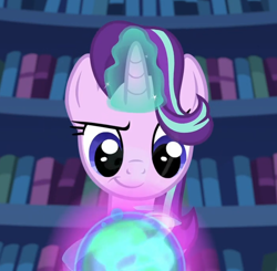 Size: 820x802 | Tagged: safe, edit, edited screencap, screencap, starlight glimmer, pony, unicorn, every little thing she does, g4, season 6, bookshelf, cropped, female, glowing, glowing horn, horn, indoors, library, looking down, magic, magic orb, mare, smiling, smirk, smug, smuglight glimmer, solo, twilight's castle, unicorn magic