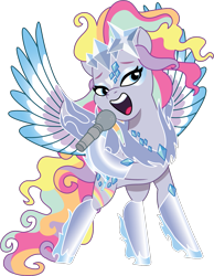 Size: 1069x1375 | Tagged: safe, artist:prixy05, oc, oc only, oc:prism pop, oc:radiance, pegasus, pony, g5, my little pony: tell your tale, alter ego, clothes, commission, commissioner:showtune cockatoo, costume, eyeshadow, female, makeup, mare, microphone, simple background, singing, solo, spread wings, tail, transparent background, vector, wavy mane, wavy tail, wings