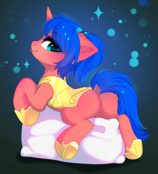 Size: 3349x3682 | Tagged: safe, artist:empress-twilight, oc, oc only, oc:heavy halbard, pony, unicorn, :p, armor, blushing, butt, commission, dock, ear fluff, eye clipping through hair, eyebrows, eyebrows visible through hair, female, fluffy, guardsmare, hoof shoes, horn, lying down, mare, pillow, plot, prone, royal guard, smiling, solo, sparkles, tail, tongue out, underhoof, ych result