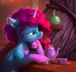 Size: 2965x2824 | Tagged: safe, artist:itssim, misty brightdawn, pony, unicorn, g5, cup, ear fluff, female, fluffy, high res, horn, indoors, lacrimal caruncle, mare, rebirth misty, smiling, solo, teacup, unshorn fetlocks, watermark