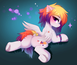 Size: 3752x3204 | Tagged: safe, artist:empress-twilight, oc, oc only, oc:comet strike, pegasus, pony, bandaid, bandaid on nose, blushing, both cutie marks, bracelet, butt, butt blush, colored wings, commission, dock, ear fluff, ear piercing, female, gradient background, hooves, jewelry, looking at you, looking back, looking back at you, lying down, mare, multicolored hair, multicolored mane, multicolored wings, pegasus oc, pegasus wings, piercing, plot, prone, purple eyes, smiling, smiling at you, solo, sparkles, sploot, tail, tail aside, underhoof, wings, ych result