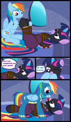 Size: 2200x3753 | Tagged: safe, artist:cardshark777, rainbow dash, twilight sparkle, alicorn, pegasus, pony, g4, 4 panel comic, angry, ballgag, bed, bondage, bound and gagged, bound wings, clothes, comic, conversation, costume, crotch rope, dashdom, dialogue, digital art, dominant, duo, female, femdom, femsub, gag, grin, helpless, hooves behind back, hooves on cheeks, hooves on face, horn, horn ring, indoors, lesbian, lidded eyes, looking at each other, looking at someone, lying down, magic suppression, mare, one eye closed, open mouth, rainbow dash's bedroom, ring, roleplaying, rope, rope bondage, ropes, shadowbolts costume, ship:twidash, shipping, smiling, speech bubble, submissive, suit, talking, text, tied up, twilight sparkle (alicorn), twilight sparkle is not amused, twisub, unamused, uniform, wall, window, wings, wonderbolts uniform