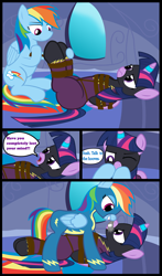 Size: 2200x3753 | Tagged: safe, alternate version, artist:cardshark777, rainbow dash, twilight sparkle, alicorn, pegasus, pony, g4, 4 panel comic, angry, bed, bondage, bound and gagged, bound wings, clothes, comic, conversation, costume, crotch rope, dashdom, dialogue, digital art, dominant, duo, female, femdom, femsub, gag, grin, helpless, hooves behind back, hooves on cheeks, hooves on face, horn, horn ring, indoors, lesbian, lidded eyes, looking at each other, looking at someone, lying down, magic suppression, mare, one eye closed, open mouth, rainbow dash's bedroom, ring, roleplaying, rope, rope bondage, ropes, shadowbolts costume, ship:twidash, shipping, smiling, speech bubble, submissive, suit, talking, tape, tape gag, text, tied up, twilight sparkle (alicorn), twilight sparkle is not amused, twisub, unamused, uniform, wall, window, wings, wonderbolts uniform