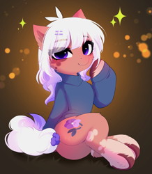 Size: 3259x3732 | Tagged: safe, artist:empress-twilight, oc, oc only, oc:poppy, earth pony, pony, butt, cheek fluff, clothes, commission, ear fluff, earth pony oc, eye clipping through hair, eyebrows, eyebrows visible through hair, female, leg fluff, looking at you, mare, plot, sitting, smiling, smiling at you, solo, sparkles, sweater, tail, underhoof, ych result