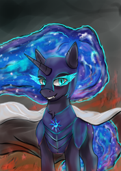 Size: 2480x3508 | Tagged: safe, artist:kirieshka, nightmare moon, alicorn, pony, g4, armor, bad end, blue eyes, cloak, clothes, evil, evil eyes, evil smile, fire, mantle, night, raincoat, smiling, solo