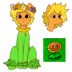 Size: 2000x2000 | Tagged: safe, artist:millionyearspony, original species, plant pony, pony, blonde, blonde hair, brown eyes, flower, flower in hair, green body, looking at you, messy mane, plant, plants vs zombies, simple background, sitting, smiling, smiling at you, solo, sunflower (plants vs zombies), white background, yellow hair