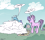 Size: 4400x3918 | Tagged: safe, artist:tkshoelace, starlight glimmer, trixie, pony, unicorn, g4, campfire, clothes, cloud, coal, duo, duo female, female, glowing, glowing horn, grass, hat, horn, magic, outdoors, pouring, raised leg, smoke, speech bubble, talking, telekinesis, text, trixie's hat, water