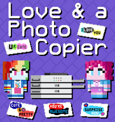 Size: 1010x1070 | Tagged: safe, artist:silk-rose, pinkie pie, rainbow dash, human, fanfic:love and a photo copier, equestria girls, g4, cover, cover art, digital art, drop shadow, fanfic, fanfic art, fanfic cover, photocopier, pixel art, text, tiled background