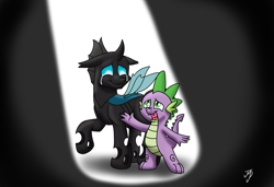 Size: 1785x1223 | Tagged: safe, artist:takutanuvataio, spike, thorax, changeling, dragon, g4, the times they are a changeling, a changeling can change, crying, duo, duo male, floppy ears, gradient background, link in description, male, open mouth, open smile, raised hoof, scene interpretation, signature, singing, smiling, song cover, spotlight, tears of joy