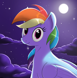 Size: 2197x2209 | Tagged: safe, artist:eels, rainbow dash, pegasus, pony, g4, cloud, cute, dashabetes, feathered wings, female, folded wings, looking at you, mare, moon, night, outdoors, pegasus wings, sky background, solo, stars, wings