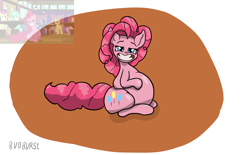 Size: 1754x1090 | Tagged: safe, artist:bun_burst, pinkie pie, earth pony, pony, a trivial pursuit, g4, my little pony: friendship is magic, belly, big belly, chubby, fat, grin, lidded eyes, looking at you, obese, piggy pie, pudgy pie, scene interpretation, screencap reference, smiling