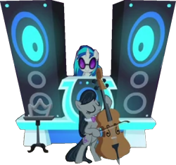 Size: 708x662 | Tagged: safe, dj pon-3, octavia melody, vinyl scratch, earth pony, pony, unicorn, g4, background removed, bipedal, bowtie, cello, dubstep, duo, female, glasses, horn, mare, musical instrument, necktie, png, simple background, speaker, transparent background