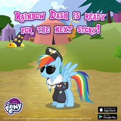 Size: 1080x1080 | Tagged: safe, gameloft, rainbow dash, pegasus, g4, bomber jacket, cannon, clothes, garrison cap, hat, jacket, outdoors, patch, solo, sunglasses, tent