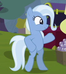 Size: 863x960 | Tagged: safe, screencap, trixie, pony, unicorn, g4, my little pony: friendship is magic, road to friendship, bipedal, cropped, horn, moonwalk, outdoors, smiling, solo