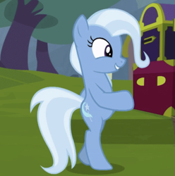 Size: 941x948 | Tagged: safe, screencap, trixie, pony, unicorn, g4, my little pony: friendship is magic, road to friendship, bipedal, cropped, horn, moonwalk, outdoors, smiling, solo