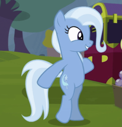 Size: 907x949 | Tagged: safe, screencap, trixie, pony, unicorn, g4, my little pony: friendship is magic, road to friendship, bipedal, cropped, horn, moonwalk, outdoors, smiling, solo