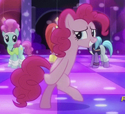 Size: 850x776 | Tagged: safe, screencap, azure velour, flashdancer, pacific glow, pinkie pie, earth pony, pony, g4, my little pony: friendship is magic, season 6, the saddle row review, bipedal, cropped, dance floor, indoors, moonwalk, smiling, solo focus