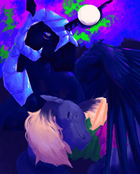 Size: 3207x3976 | Tagged: safe, derpy hooves, nightmare moon, alicorn, pegasus, g4, armor, curved horn, duo, ethereal mane, female, horn, lavender sunrise au, lesbian, redesign, ship:nightmarederp, shipping