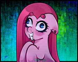 Size: 1000x800 | Tagged: safe, artist:kk4tt0, pinkie pie, earth pony, pony, g4, party of one, beanbrows, crazy grin, derp, ear piercing, eyebrows, female, floppy ears, grin, mare, piercing, pinkamena diane pie, signature, smiling, solo, watermark