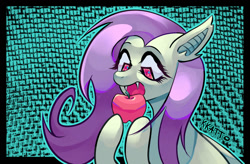 Size: 1104x724 | Tagged: safe, artist:kk4tt0, fluttershy, bat pony, pony, bats!, g4, abstract background, apple, bat ponified, eyes on the prize, fangs, female, flutterbat, food, mare, open mouth, patterned background, race swap, rectangular pupil, signature, solo