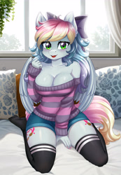 Size: 3425x4961 | Tagged: safe, artist:lifejoyart, oc, oc only, oc:blazey sketch, pegasus, anthro, plantigrade anthro, bow, breasts, cleavage, clothes, feet, female, hair bow, long hair, looking at you, multicolored hair, nail polish, open mouth, open smile, pegasus oc, smiling, smiling at you, socks, solo, stocking feet, stockings, sweater, thigh highs, thigh socks