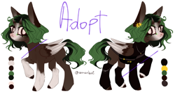 Size: 2400x1300 | Tagged: safe, oc, oc only, pegasus, pony, adoptable, adopted, adoption, bag, black and white, brown eyes, brown skin, fixed, flower, grayscale, green hair, green tail, horn, monochrome, simple background, smiling, solo, sunflower, tail, white background