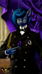 Size: 4320x7680 | Tagged: safe, artist:tsaritsaluna, princess luna, alicorn, anthro, g4, bowtie, bust, clothes, female, fine art parody, looking at you, mare, necktie, portrait, solo, tuxedo, uniform