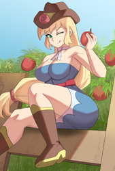 Size: 2762x4096 | Tagged: safe, artist:tzc, applejack, human, equestria girls, g4, 2d, ;p, apple, applejack's hat, boots, breasts, busty applejack, clothes, cowboy hat, dress, eyebrows, eyebrows visible through hair, female, fence, flower, food, freckles, hat, looking at you, one eye closed, outdoors, rose, shoes, sitting, smiling, smiling at you, solo, tongue out, wink, winking at you