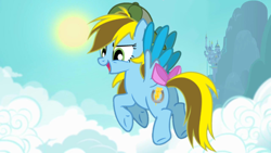 Size: 1280x720 | Tagged: safe, artist:lucky bolt, artist:pegasski, oc, oc only, oc:lucky bolt, pegasus, pony, backwards ballcap, baseball cap, bow, cap, colored wings, female, flying, happy, hat, looking down, outdoors, sky, solo, tail, tail bow, two toned mane, two toned wings, wings