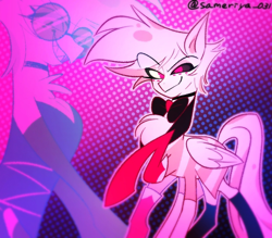 Size: 1368x1198 | Tagged: safe, artist:sameriya_031, demon, demon pony, pegasus, pony, angel dust (hazbin hotel), bowtie, clothes, colored sclera, crossover, glasses, hazbin hotel, hellaverse, male, necktie, patterned background, polka dot background, ponified, self paradox, self ponidox, sharp teeth, six legs, socks, stallion, teeth