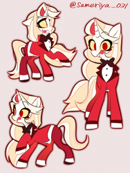 Size: 1108x1477 | Tagged: safe, artist:sameriya_031, demon, demon pony, pony, unicorn, beige background, bowtie, charlie morningstar, clothes, coat, colored sclera, crossover, female, hazbin hotel, hellaverse, horn, looking at you, mare, multeity, necktie, ponified, simple background, smiling