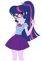 Size: 1300x1900 | Tagged: safe, artist:cheesesauce_45, sci-twi, twilight sparkle, human, equestria girls, g4, my little pony equestria girls: better together, clothes, eye clipping through hair, eyebrows, eyebrows visible through hair, female, flat colors, glasses, grin, looking at you, looking back, pleated skirt, polo shirt, ponytail, raised finger, simple background, skirt, smiling, smiling at you, solo, white background