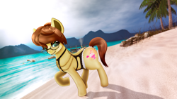 Size: 3840x2160 | Tagged: safe, edit, oc, oc only, earth pony, pony, open pony, 3d, beach, bikini, clothes, earth pony oc, female, feral, glasses, milf, ocean, outdoors, palm tree, second life, solo, swimsuit, tree, water