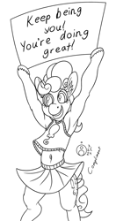 Size: 632x1200 | Tagged: safe, artist:sepiakeys, pinkie pie, pony, semi-anthro, g4, belly, belly button, bipedal, clothes, female, mare, monochrome, shirt, sign, skirt, solo