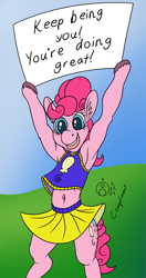 Size: 632x1200 | Tagged: safe, artist:sepiakeys, pinkie pie, pony, semi-anthro, g4, belly, belly button, bipedal, clothes, female, mare, shirt, sign, skirt, solo