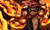 Size: 2790x1680 | Tagged: safe, artist:avrameow, sunset shimmer, pony, unicorn, g4, abstract background, chest fluff, clothes, complex background, ear fluff, eyebrows, eyebrows visible through hair, female, fiery shimmer, fire, genshin impact, glasses, horn, jacket, jewelry, leather, leather jacket, looking at you, mavuika (genshin impact), medallion, necklace, shiny, signature, solo, windswept mane