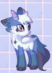 Size: 1131x1599 | Tagged: safe, artist:1mangosta1, oc, oc only, oc:murumaru, hybrid, pony, blue, cute, dragon-pony hybrid, ear fluff, horns, hybrid oc, looking away, patterned background, paws, pink eyes, ponified, solo, tail, tail fluff, white