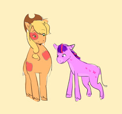 Size: 1035x966 | Tagged: safe, artist:xxk1ttyl1tterxx, applejack, twilight sparkle, cow, donkey, g4, apple, applejack's hat, blonde hair, cowboy hat, duo, duo female, female, food, green eyes, hat, purple eyes, species swap, star mark, stars