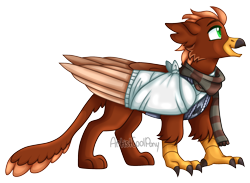 Size: 2060x1508 | Tagged: safe, artist:artistcoolpony, oc, oc only, oc:pavlos, griffon, bandage, beak, broken bone, broken wing, cast, cheek fluff, claws, clothes, colored wings, commission, eared griffon, griffon oc, injured, non-pony oc, nonbinary, scarf, simple background, sling, solo, striped scarf, tail, transparent background, vest, wings